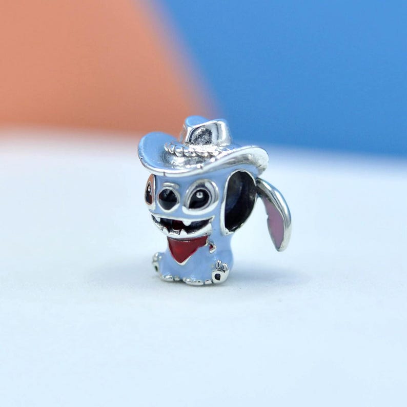 Sterling Silver Stitch Cowboy Berlock Blå Emalj Western Lilo & Stitch Hänge med Presentask bild 2