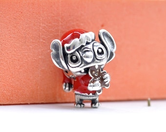 Breloque de Noël Disney Stitch en argent sterling avec émail rouge et noir