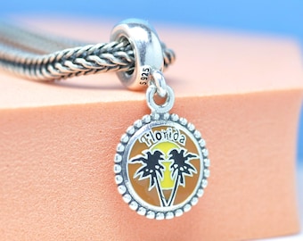 Sterling silver Exclusive Florida Palm Trees Dangle Charm: Travel Themed Pendant For Bracelets Necklaces