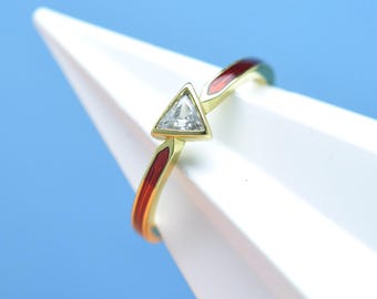 14K gold plated Iron Man Ring : Red Enamel Cubic Zirconia Handmade Jewelry