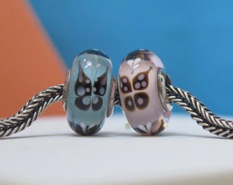 Sterling Silver Core Blue & Pink Butterfly Kisses Murano Glass Bead Charm For European Bracelet and Necklace