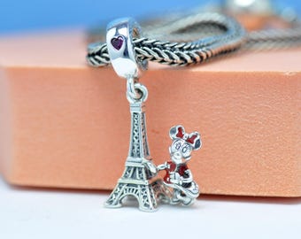 Sterling Silver Eiffel Tower Minnie Mouse Dangle Charm: Enamel Pendant