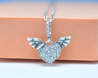 Sterling Silver Pave Heart & Angel Wings, Clear CZ Pendant  Charm