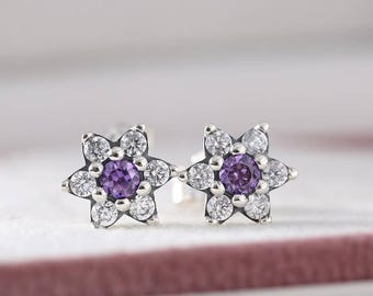 Sterling Silver Purple Forget Me Not Stud Earrings : Cubic Zirconia Fashion Jewelry