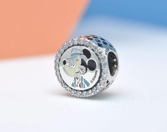 Sterling Silver Parks Minnie and Mickey Charm: Cubic Zirconia Enamel Bead