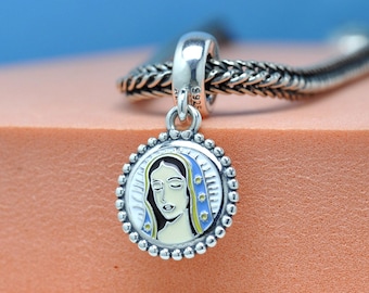 Women 925 Silver Jewelry Guadalupe Mexico Dangle Charm Exclusive Pendant Enamel Detailing Gift for Friends