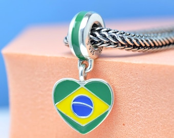 Sterling silver Brazil Flag Exclusive Heart Dangle Charm : Travel Themed Pendant For Bracelets Necklaces
