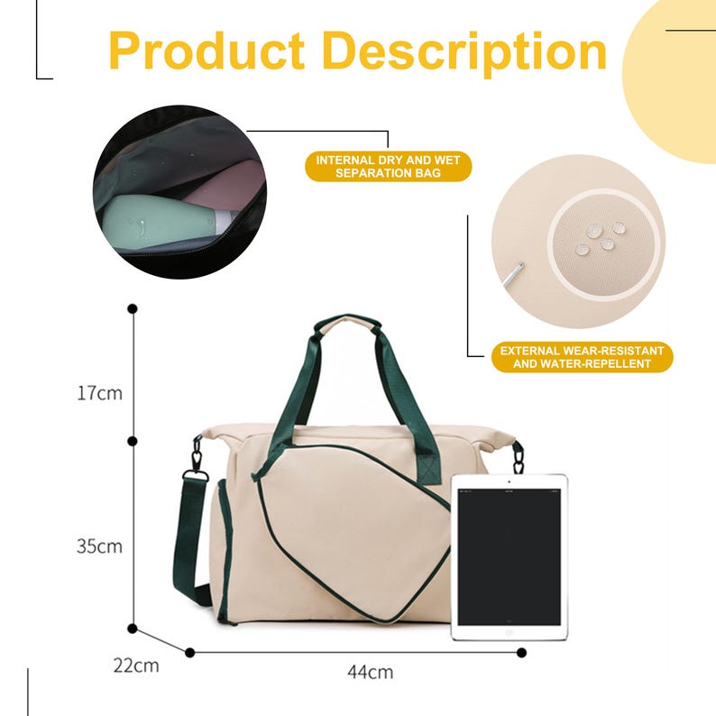 K&ouml;nnte beinhalten: Beige-gr&uuml;ne Reisetasche mit den Ma&szlig;en 44 cm lang, 35 cm hoch und 22 cm breit. Sie verf&uuml;gt &uuml;ber eine interne Trocken- und Nass-Trenn-Tasche und ist verschlei&szlig;fest und wasserabweisend. Der Text "Product Description" steht oben.