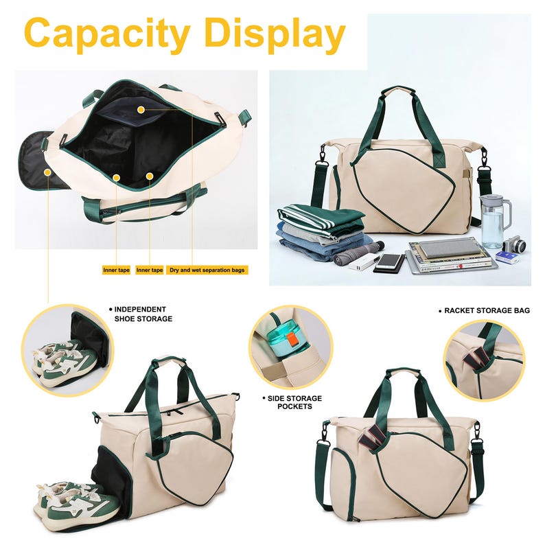 K&ouml;nnte beinhalten: Eine beige und gr&uuml;ne Sport-Duffel-Tasche mit mehreren F&auml;chern, darunter ein Schuhfach und Seitentaschen. Die Tasche hat einen Schultergurt und Griffe. Das Bild zeigt auch den Text "Capacity Display".