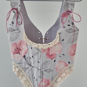Pink Underbust Corset with Flowers, Cottagecore Fashion Top
