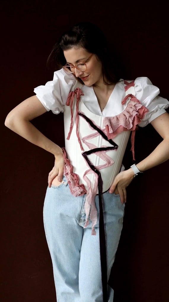 White & Pink Textural Corset, One-of-a-kind Art Corset Top  display picture 1