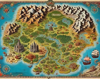 May include: A detailed fantasy map with a central landmass featuring forests, deserts, mountains, and rivers. The map includes illustrations of castles, ships, and figures, framed by an ornate border with additional artwork. The color palette is rich with earth tones and blues.