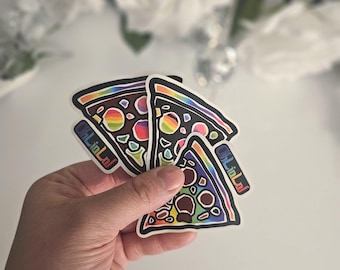 Juego de 3 pegatinas laminadas mate con diseño de pizza mística arcoíris dibujadas a mano