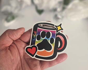 Calcomanía individual laminada mate con dibujo a mano de emote de café místico arcoíris