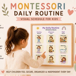 May include: A Montessori daily routine visual schedule for kids in a wooden frame, featuring a grid of illustrated tasks labeled in English and Spanish. The chart includes icons for morning, afternoon, and night activities, measuring 29.7 by 21 cm.