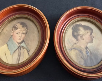 Vintage Hugo W. Schmidt Co. Oval Framed Print Picture Art Girl and Boy