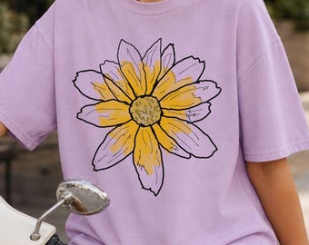 Comfort Colors® Hand Drawn Daisy Flower Shirt,  Wildflower Graphic  Boxy Tee,  Nature Lover Kids, Adult Gift