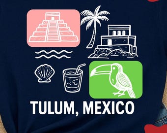 Maglietta con grafica di Tulum, Messico: rovine Maya tropicali, tucano e palma.