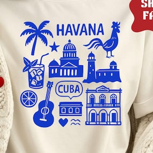 Blue Havana Cuba T-Shirt – Vintage-Style Cuban Travel Tee with Palm Tree, Guitar, Rooster & Classic Buildings Art, Havana Nights Shirt