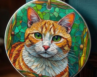 Adorno de cerámica con retrato de gato atigrado naranja, regalo colorido para amantes de los felinos.