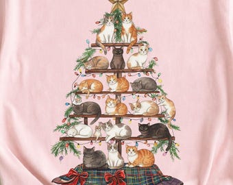 Christmas Cats Tree Shirt, Festive Feline Holiday Comfort Colors Tee, Cute Cat Lover Kids, Adults Gift