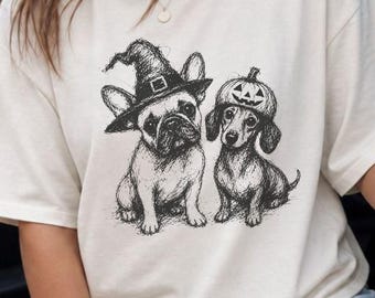 Dachshund French Bulldog Halloween Shirt, Witch Pumpkin Dog , Hand Drawn Spooky Dog Shirt, Family Matching Halloween Gift, Comfort Colors®