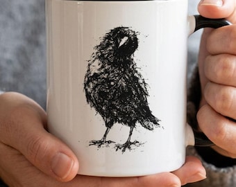 Taza con dibujo de cuervo, regalo para amantes de las aves, taza de té gótica con forma de cuervo, taza de café con temática de naturaleza, arte de la vida silvestre para Halloween.