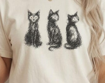 Comfort Colors® Three Black Cats Sketch Tee,  Witchy Feline Shirt, Kitty Lover Adults, Kids Gift, Gothic Cat Boxy Tee