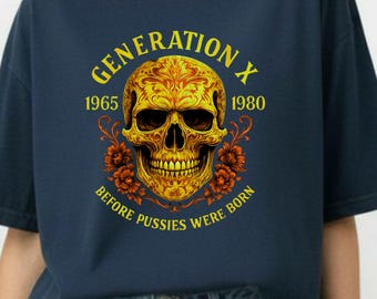 Koszulka z grafiką retro Gen X Skull, odważna koszulka dla miłośników szkieletów, wygodna w kolorze