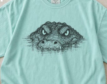 Peeking Alligator Sketch Shirt,  Comfort Colors Swamp Wildlife Graphic Tee,  Funny Nature Lover Adult, Kids Gift