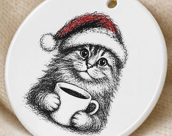 Adorno de gato de cerámica, amante del café con gorro de Papá Noel, decoración para el árbol de Navidad