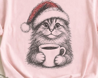 Camiseta navideña Comfort Colors® con dibujo de gato, camiseta con estampado felino navideño, gorro de Papá Noel, regalo para niños y adultos amantes del café.