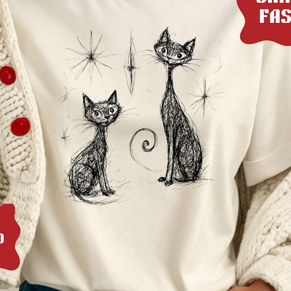 Atomic Retro Katzen Skizze Shirt, Vintage Space Katzen Design, himmlischen Mid-Century Katzenliebhaber Geschenk