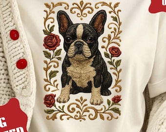 Faux Embroidered French Bulldog Shirt, Comfort Colors Frenchie Folk Art Shirt, Retro Dog Mom Tee