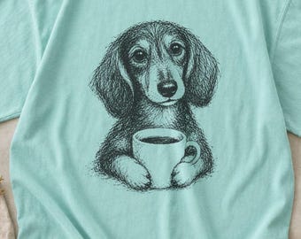 Dachshund Coffee Sketch Shirt ,  Wiener Dog Holding Mug Comfort Colors® Tee, Funny Dog Lover Gift