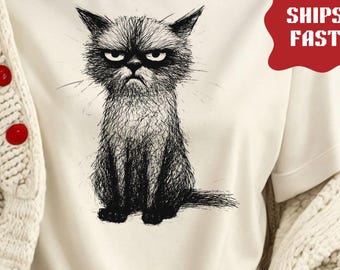 Grumpy Cat Sketch TShirt | Funny Angry Cat Shirt | Sarcastic Pet Lover Gift| Charcoal Funny Cat Shirt | Resist & Persist Tee | Angry Cat Tee