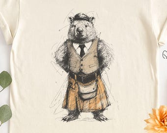 Scottish Wombat Shirt, Highland Animal Sketch Kilt Graphic Tee, Cute Gift for Scotland Lovers