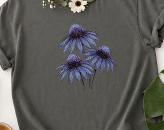 Purple Coneflower Comfort Colors Shirt,  Botanical Wildflower Boxy Tee,  Floral Nature Graphic Top Gift