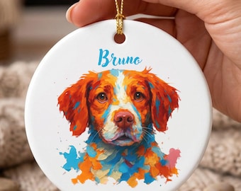 Adorno de acuarela de perro Brittany, recuerdo navideño personalizado para mascotas, regalo para amantes de los spaniels con nombre personalizado