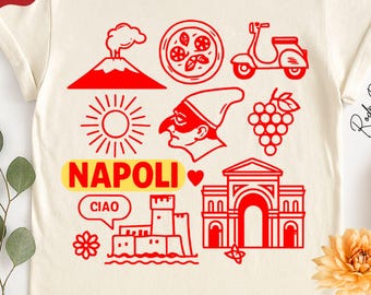 Maglietta Napoli Italia, Napoli Comfort Colors Tee, souvenir con grafica a linee rosse, regalo per adulti e bambini