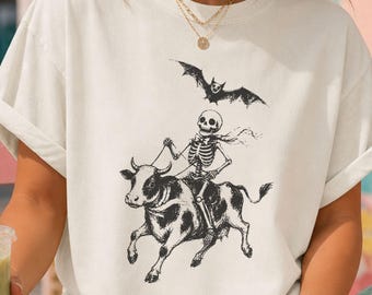 Comfort Colors®  Skeleton Cowboy Shirt, Skeleton Riding Cow Boxy Tee, Gothic Western Halloween Kids , Adults T-Shirt