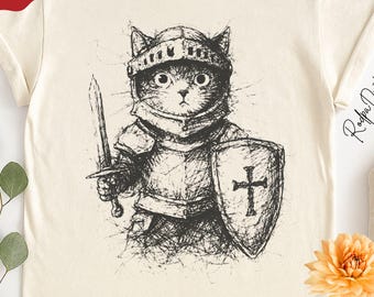 Knight Cat Armor Sword Shield Tee, Medieval Feline Warrior Comfort Colors Shirt, Kitty Lover Kids, Adults Gift