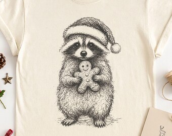 Camiseta navideña de mapache con colores cómodos, camiseta con dibujo de mapache de Papá Noel, regalo navideño de animales del bosque