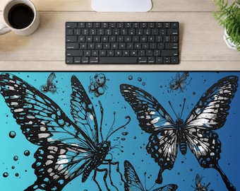 Alfombrilla de escritorio con mariposas blancas y negras, alfombrilla de ratón con mariposas azules, decoración artística de naturaleza para la oficina.