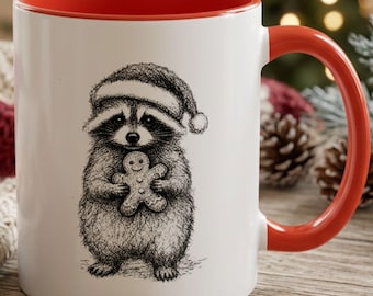 Taza con diseño de mapache y gorro de Papá Noel de jengibre / Taza de café/té con detalles de animales del bosque navideños