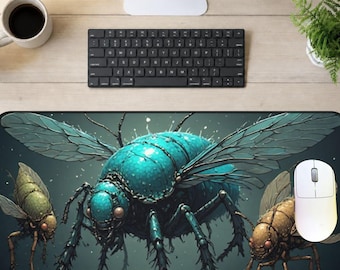 Alfombrilla de escritorio con mosca gótica, alfombrilla de ratón con insecto azul espeluznante, regalo para espacio de trabajo de estilo academia oscura