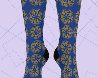 Fake Flowers Socks, Gold Flowers Blue Socks, Floral Style Socks, Mother&#39;s Day Gift, Father&#39;s Day Gift, Spring Flower Socks, Fun Socks