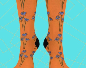Bold Floral Print Socks – Orange Wildflower Crew Socks, Cute Botanical Gift for Her, Stylish Flower Pattern Socks, Cozy Plant Lover Sock