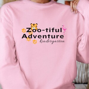 Zoo-tiful Adventure Kindergarten Crewneck Sweatshirt, Tiger Paws Flamingo, Unisex Jumper, Animal Lover Gift, Safari Apparel, Flamingo Shirt