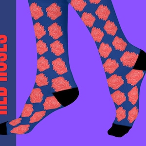 Red Roses Socks, Floral Patterned Dark Blue Socks,  Perfect for Valentine&#39;s Day, Mother&#39;s Day, Birthdays, Groomsmen Socks, Flower Crew Socks